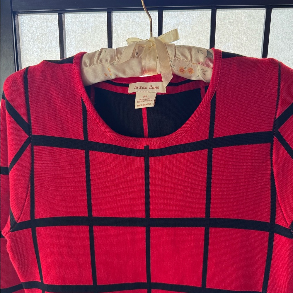 Red and Black Grid Midi Dress